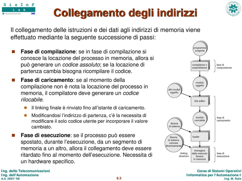 Fase di caricamento: se al momento della compilazione non è nota la locazione del processo in memoria, il compilatore deve generare un codice rilocabile.