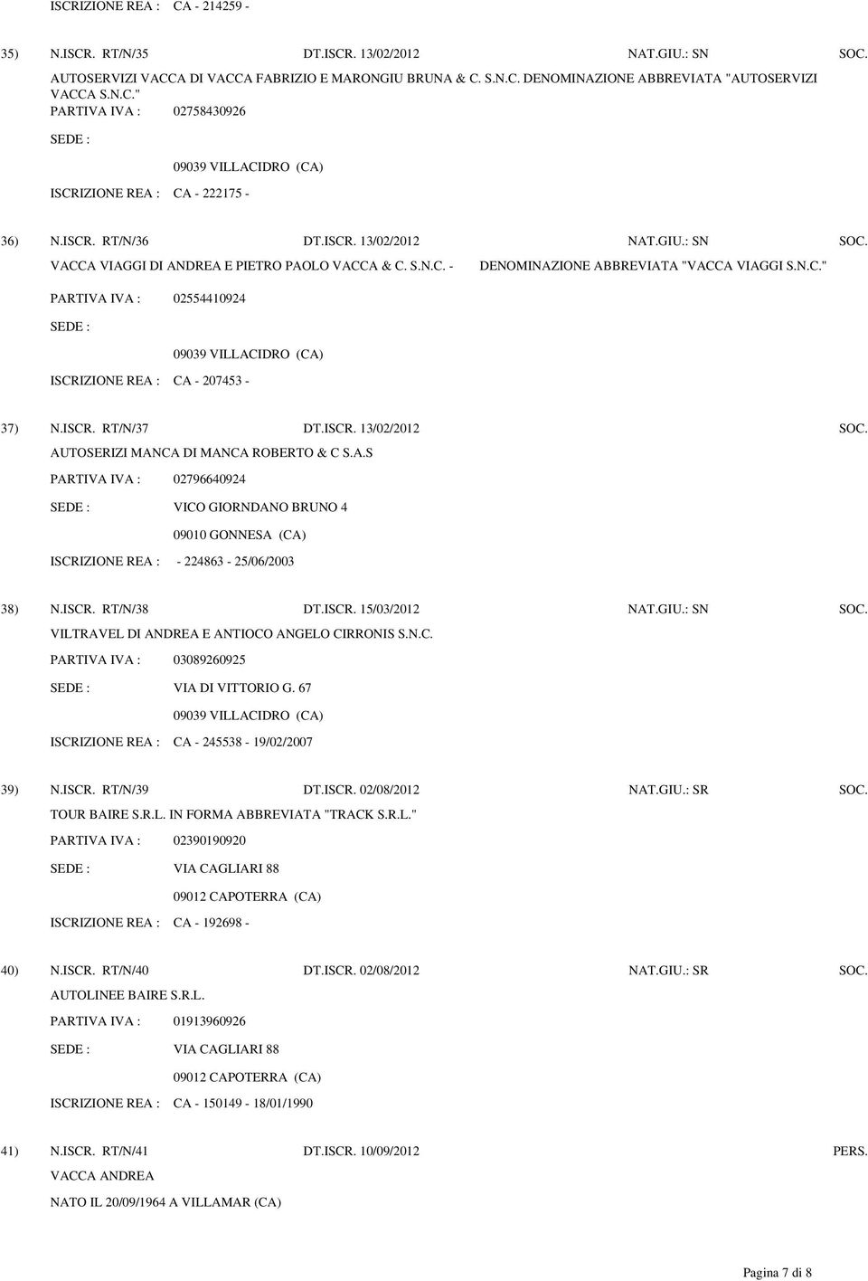 ISCR. RT/N/37 DT.ISCR. 13/02/2012 AUTOSERIZI MANCA DI MANCA ROBERTO & C S.A.S 02796640924 VICO GIORNDANO BRUNO 4 09010 GONNESA (CA) ISCRIZIONE REA : - 224863-25/06/2003 38) N.ISCR. RT/N/38 DT.ISCR. 15/03/2012 NAT.