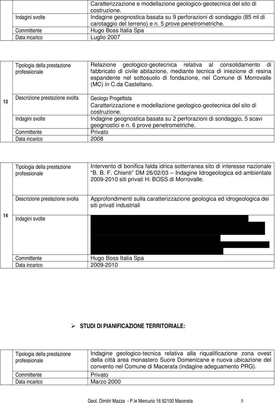 Hugo Boss Italia Spa Data incarico Luglio 2007 Relazione geologico-geotecnica relativa al consolidamento di fabbricato di civile abitazione, mediante tecnica di iniezione di resina espandente nel