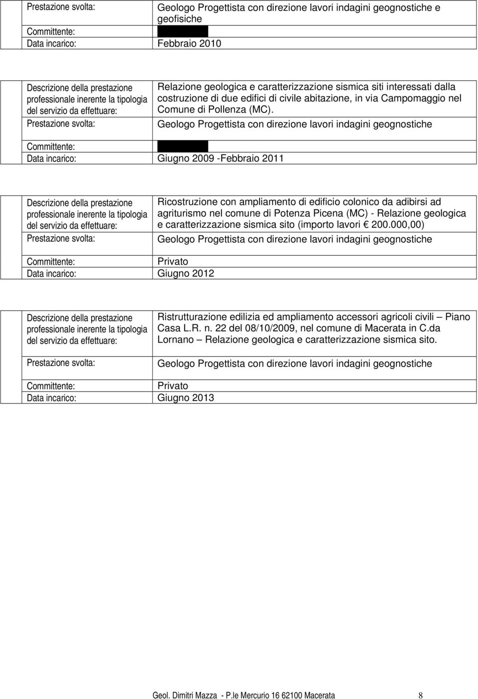 Geologo Progettista con direzione lavori indagini geognostiche : Avinstas srl Data incarico: Giugno 2009 -Febbraio 2011 inerente la tipologia Ricostruzione con ampliamento di edificio colonico da