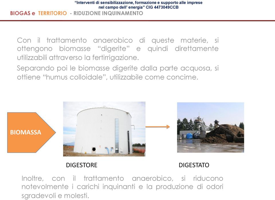 Separando poi le biomasse digerite dalla parte acquosa, si ottiene humus colloidale, utilizzabile come concime.