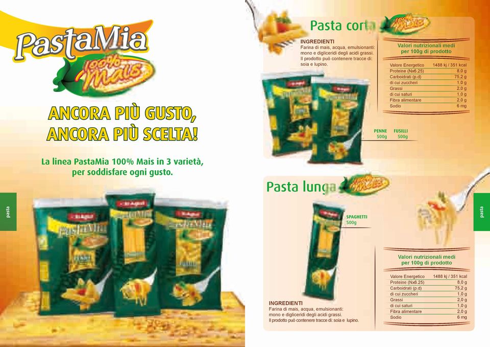 PENNE 1488 kj / 351 kcal 8,0 g 75,2 g 1,0 g 2,0 g 1,0 g 2,0 g 6 mg FUSILLI La linea PastaMia 100% Mais in 3 varietà, per soddisfare