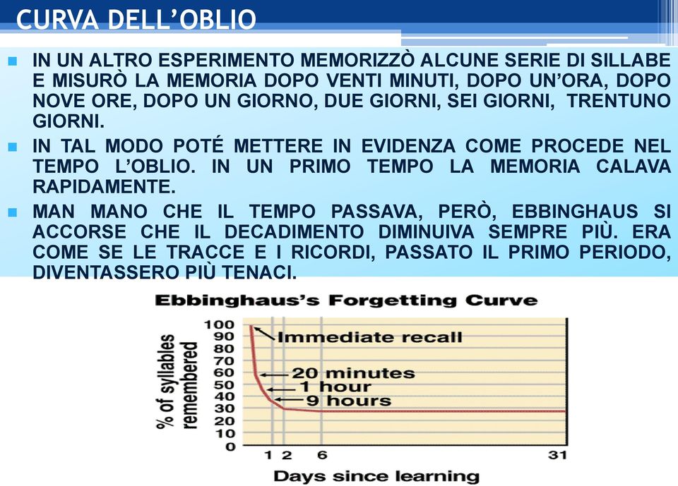 IN TAL MODO POTÉ METTERE IN EVIDENZA COME PROCEDE NEL TEMPO L OBLIO. IN UN PRIMO TEMPO LA MEMORIA CALAVA RAPIDAMENTE.