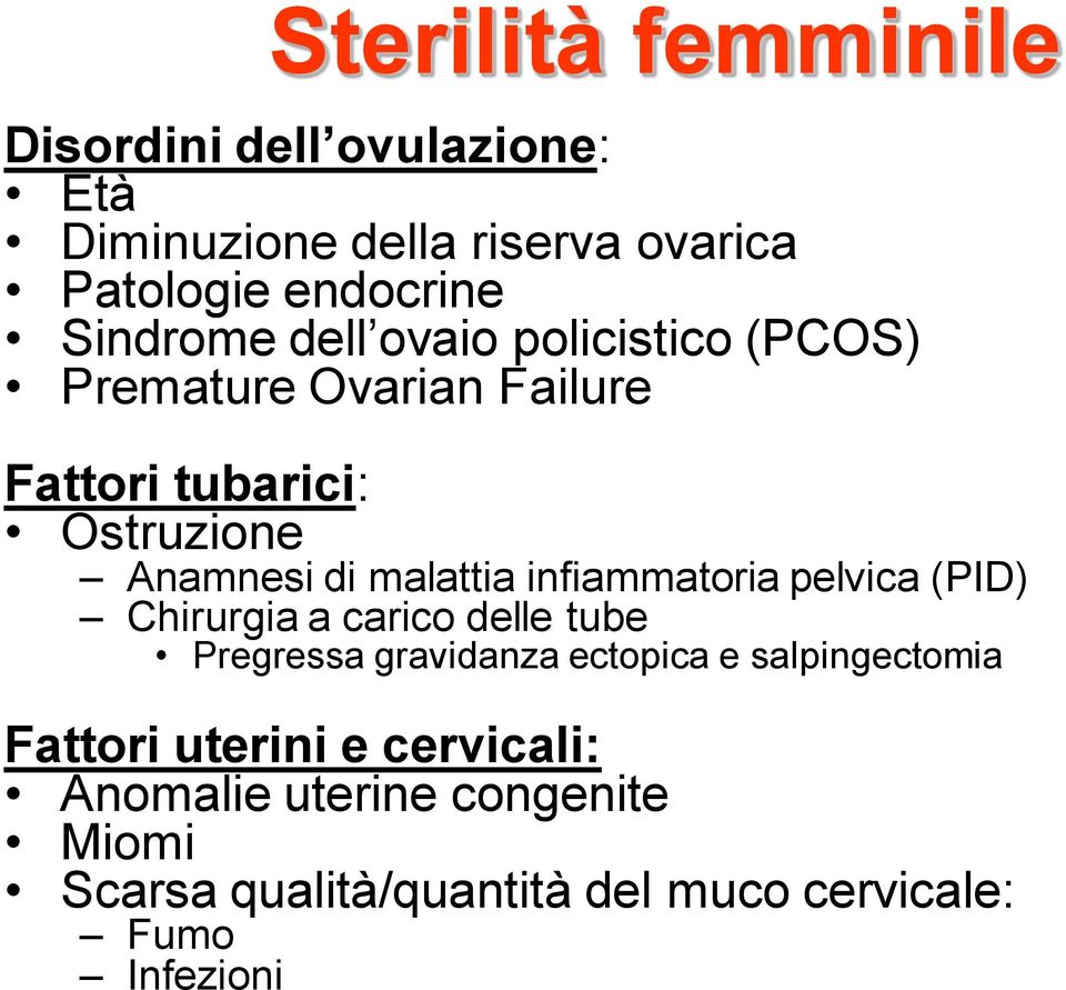 malattia infiammatoria pelvica (PID) Chirurgia a carico delle tube Pregressa gravidanza ectopica e