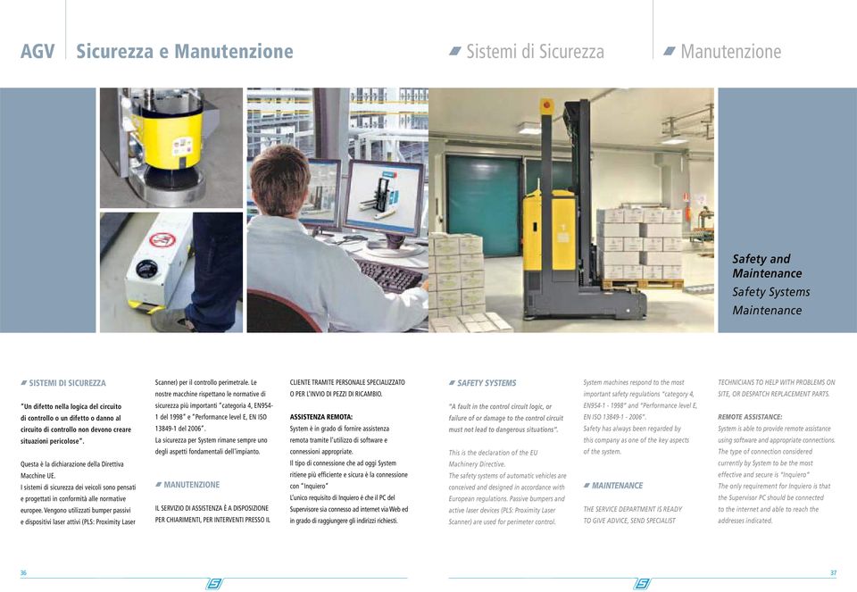 SAFETY SYSTEMS System machines respond to the most important safety regulations category 4, TECHNICIANS TO HELP WITH PROBLEMS ON SITE, OR DESPATCH REPLACEMENT PARTS.