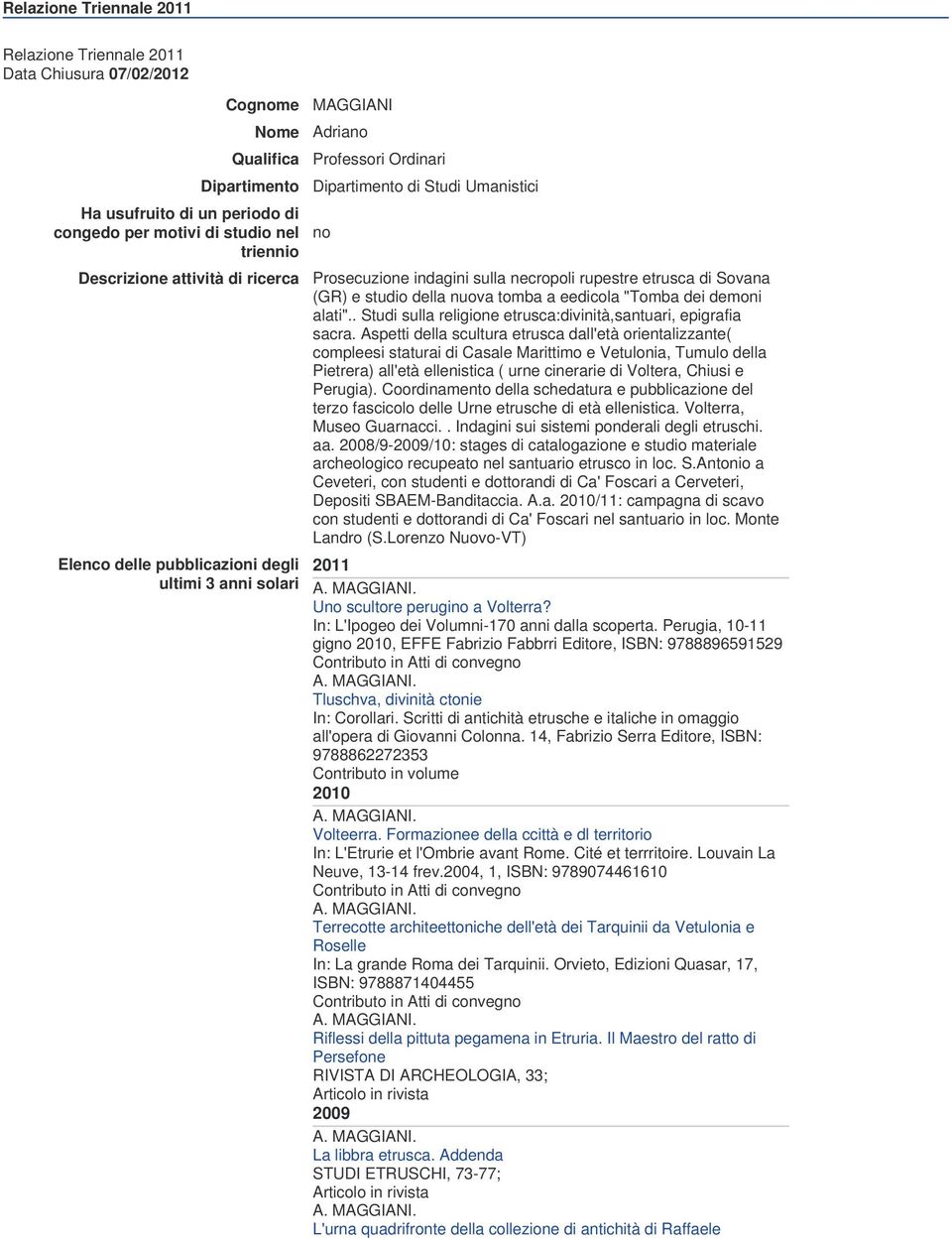 (GR) e studio della nuova tomba a eedicola "Tomba dei demoni alati".. Studi sulla religione etrusca:divinità,santuari, epigrafia sacra.