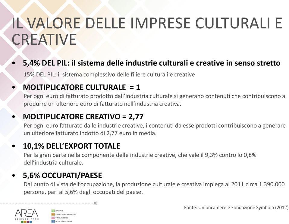 MOLTIPLICATORE CREATIVO = 2,77 Per ogni euro fatturato dalle industrie creative, i contenuti da esse prodotti contribuiscono a generare un ulteriore fatturato indotto di 2,77 euro in media.