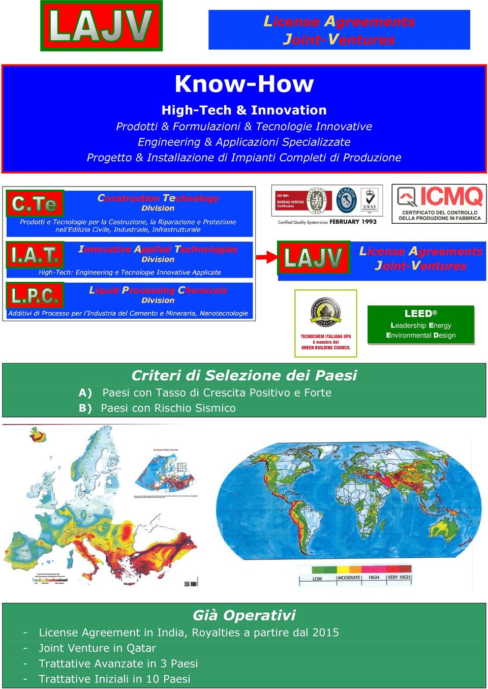 Selezione dei Paesi A) Paesi con Tasso di Crescita Positivo e Forte B) Paesi con Rischio Sismico Già Operativi - License