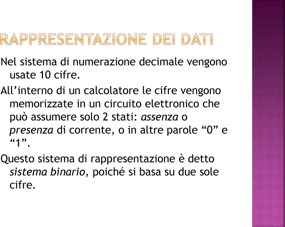 elettronico che può assumere solo 2 stati: assenza o presenza di corrente, o in