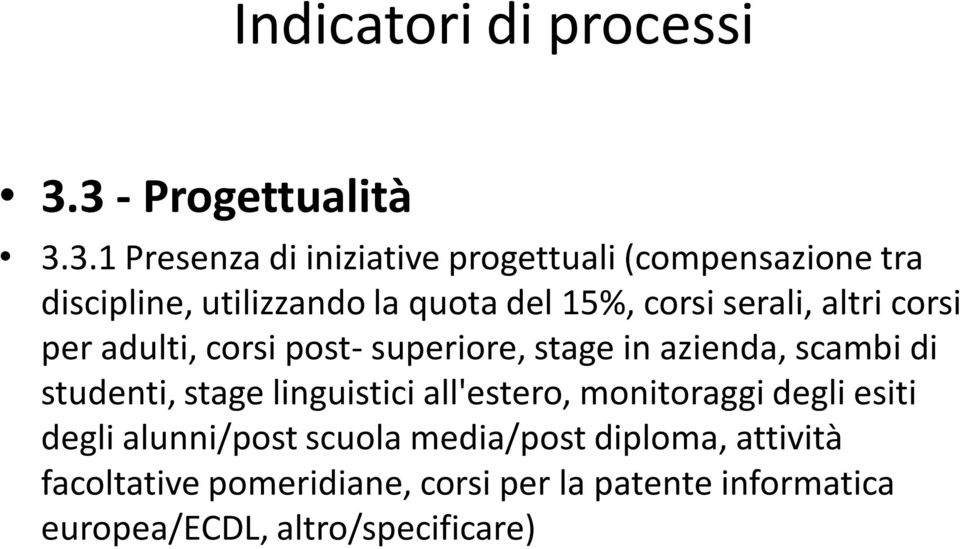 del 15%, corsi serali, altri corsi per adulti, corsi post- superiore, stage in azienda, scambi di studenti,