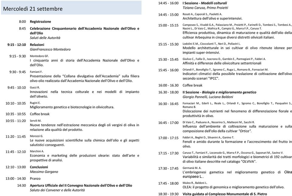 Presentazione della Collana divulgativa dell Accademia sulla filiera olivo-olio realizzata dall Accademia Nazionale dell Olivo e dell Olio. 9:45-10:10 Gucci R.