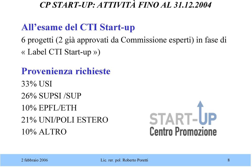 Commissione esperti) in fase di «Label CTI Start-up») Provenienza