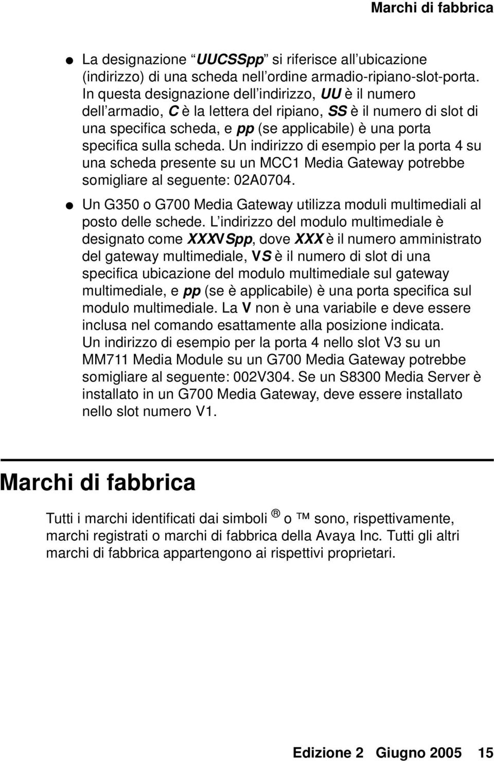 scheda. Un indirizzo di esempio per la porta 4 su una scheda presente su un MCC1 Media Gateway potrebbe somigliare al seguente: 02A0704.