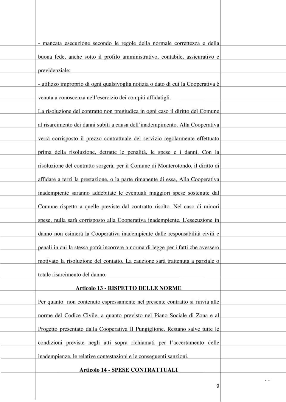 La risoluzione del contratto non pregiudica in ogni caso il diritto del Comune al risarcimento dei danni subiti a causa dell inadempimento.