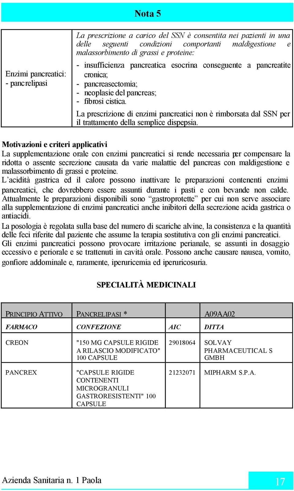 La prescrizione di enzimi pancreatici non è rimborsata dal SSN per il trattamento della semplice dispepsia.