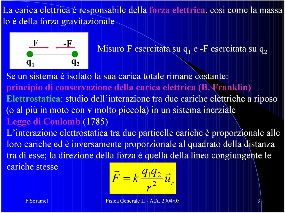 Fanklin) lettostatica: studio dell inteaione ta due caiche elettiche a iposo (o al più in moto con v molto piccola) in un sistema ineiale Legge di Coulomb (785) L