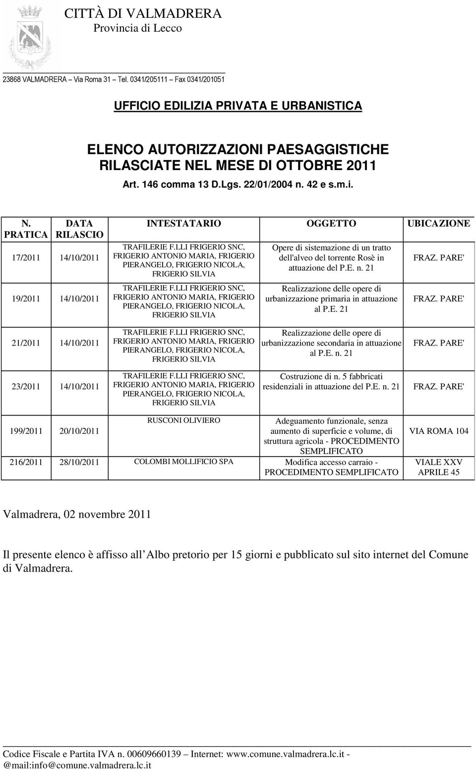 21 23/2011 14/10/2011 Costruzione di n.