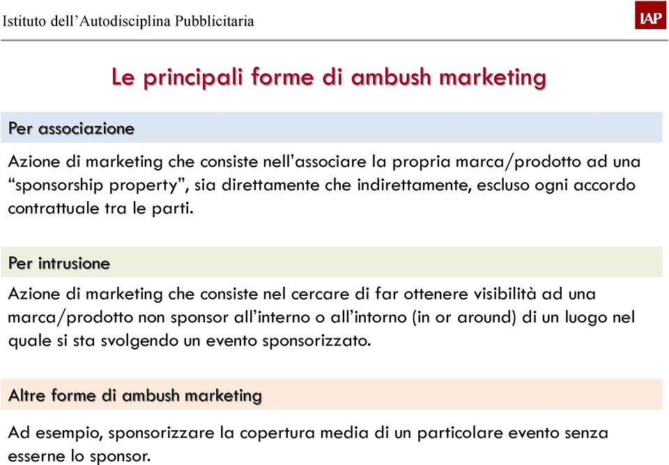 Per intrusione Azione di marketing che consiste nel cercare di far ottenere visibilità ad una marca/prodotto non sponsor all interno o all intorno