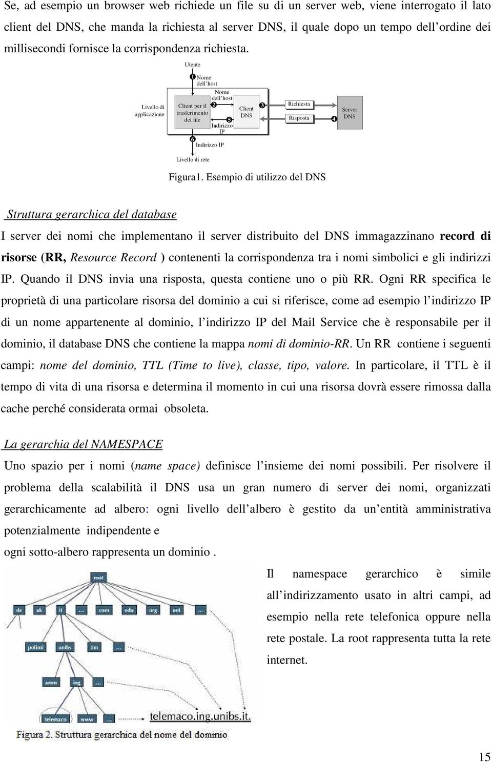 Esempio di utilizzo del DNS Struttura gerarchica del database I server dei nomi che implementano il server distribuito del DNS immagazzinano record di risorse (RR, Resource Record ) contenenti la