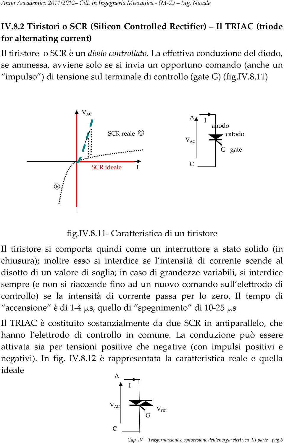 ) V AC SCR reale A V AC I anodo catodo G gate SCR ideale I C fig.iv.8.