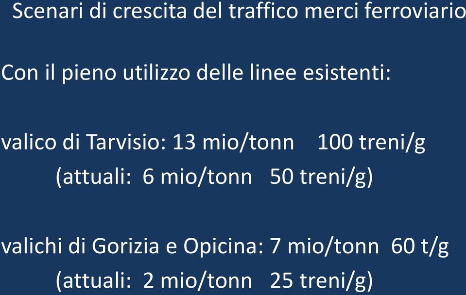 100 treni/g (attuali: 6 mio/tonn 50 treni/g) valichi di Gorizia