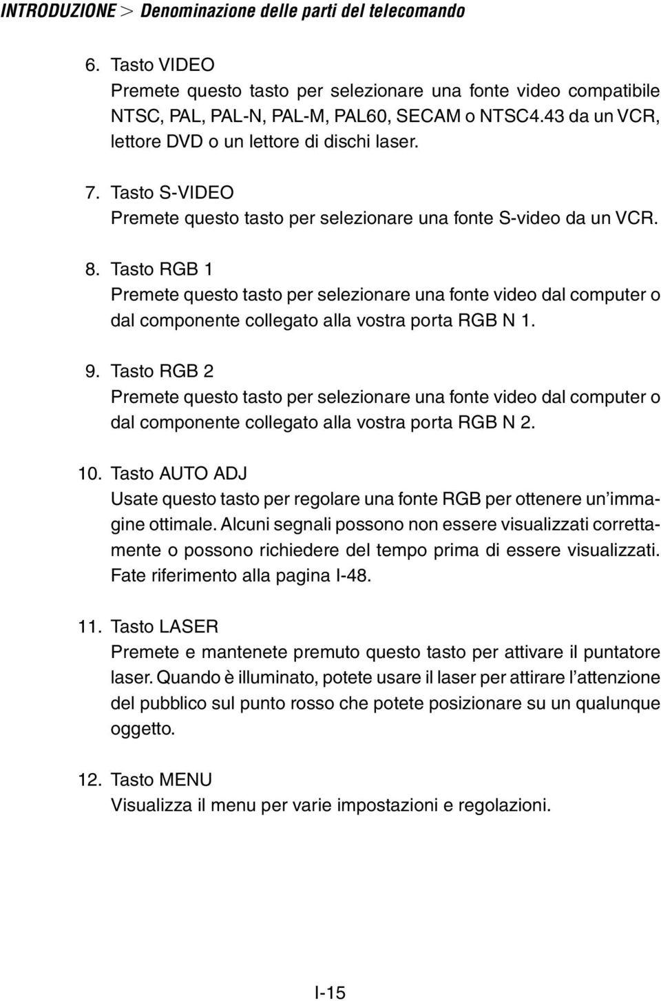 Tasto RGB 1 Premete questo tasto per selezionare una fonte video dal computer o dal componente collegato alla vostra porta RGB N 1. 9.