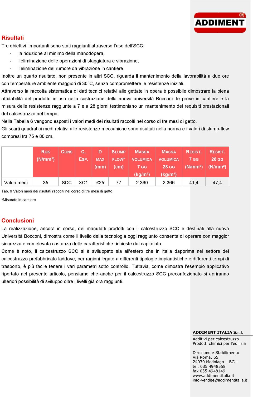 Inoltre un quarto risultato, non presente in altri SCC, riguarda il mantenimento della lavorabilità a due ore con temperature ambiente maggiori di 30 C, senza compromettere le resistenze iniziali.