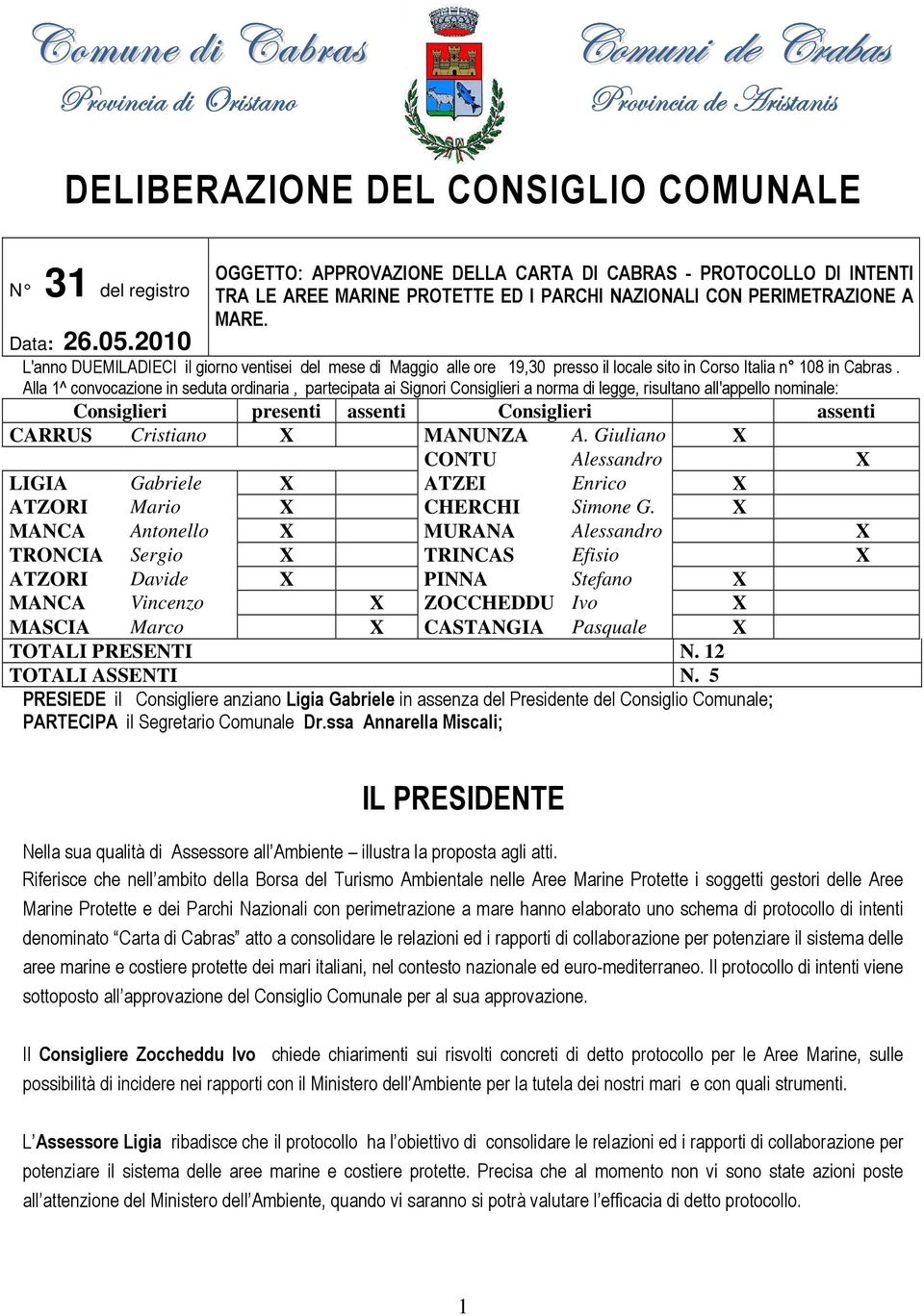 L'anno DUEMILADIECI il giorno ventisei del mese di Maggio alle ore 19,30 presso il locale sito in Corso Italia n 108 in Cabras.