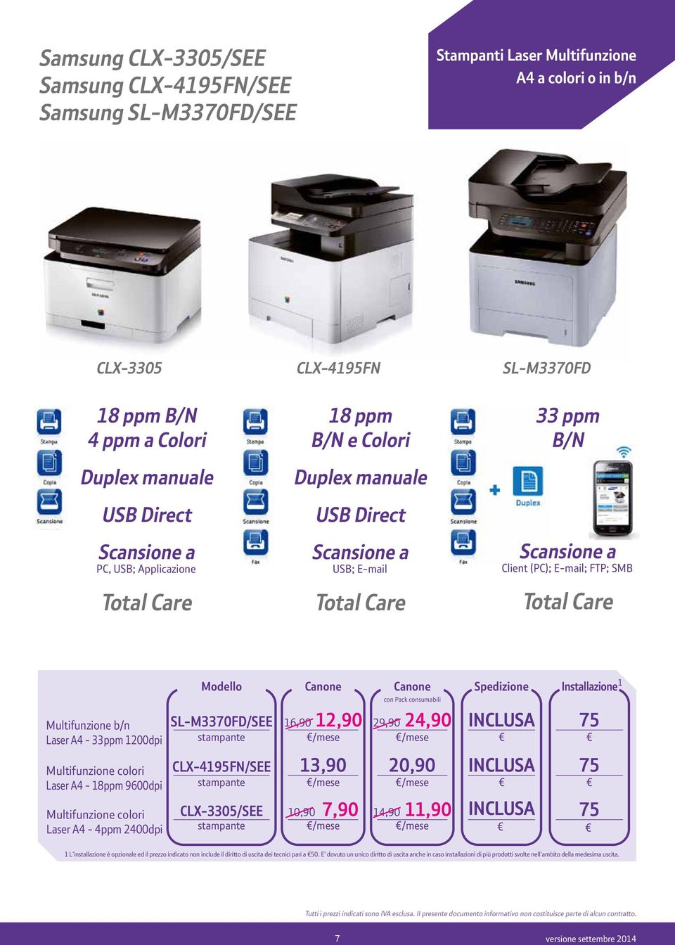 FTP; SMB Total Care Multifunzione b/n Laser A4-33ppm 200dpi SL-M3370FD/SEE stampante 6,90 2,90 /mese con Pack consumabili 29,90 24,90 /mese 75 Multifunzione colori Laser A4-8ppm 9600dpi Multifunzione