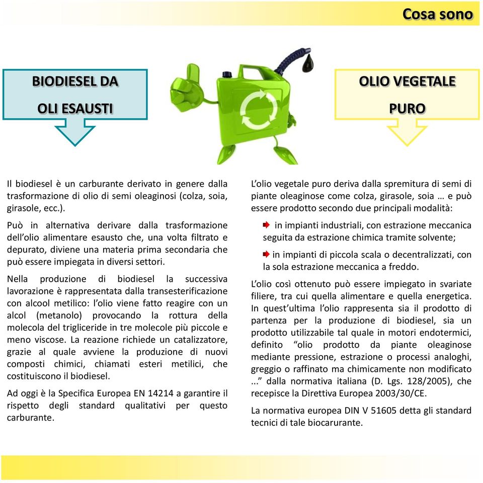 Nella produzione di biodiesel la successiva lavorazione è rappresentata dalla transesterificazione con alcool metilico: l olio viene fatto reagire con un alcol (metanolo) provocando la rottura della