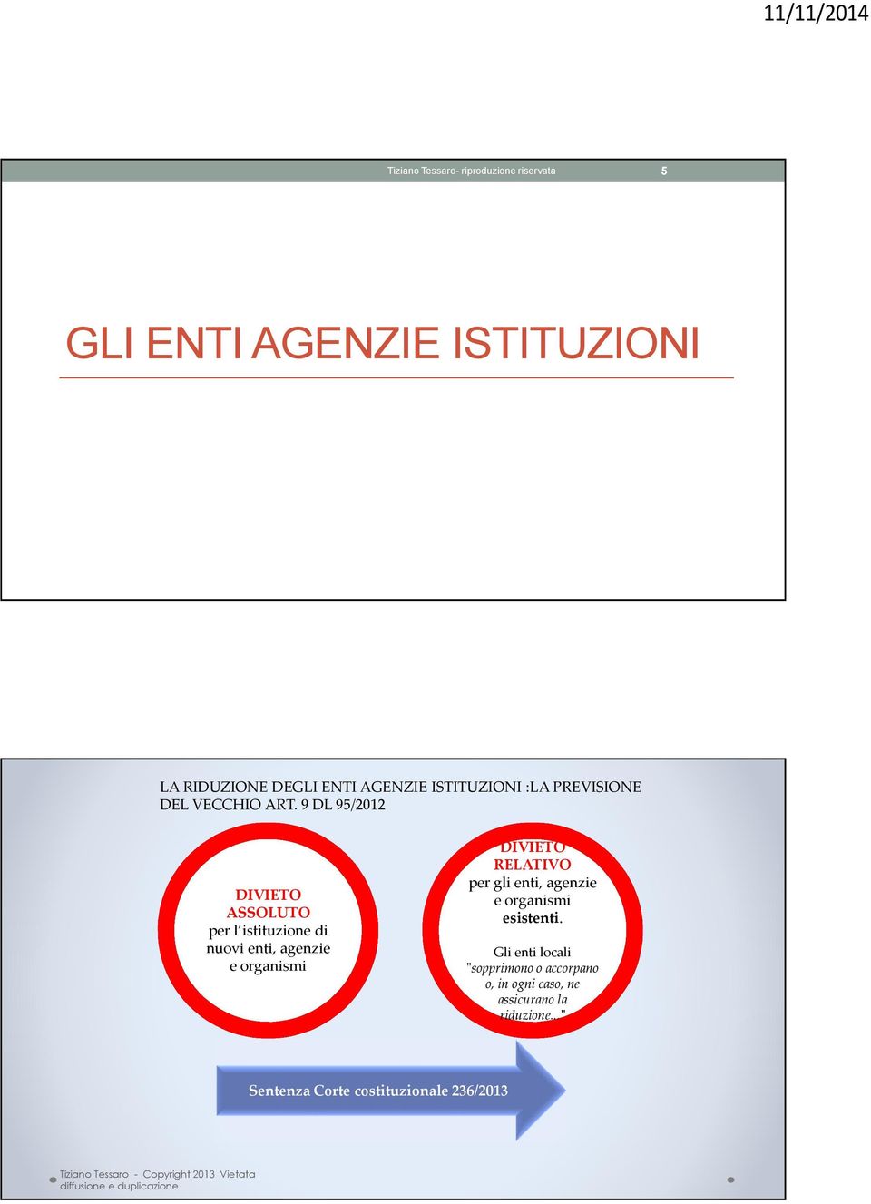 9 DL 95/2012 DIVIETO ASSOLUTO per l istituzione di nuovi enti, agenzie e organismi DIVIETO RELATIVO per gli enti, agenzie