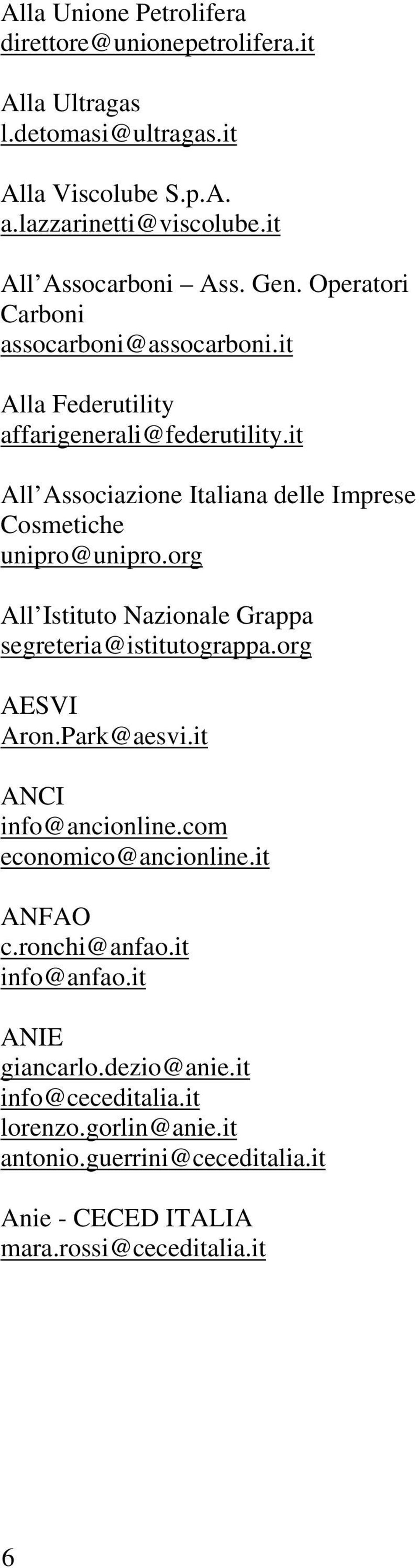 org All Istituto Nazionale Grappa segreteria@istitutograppa.org AESVI Aron.Park@aesvi.it ANCI info@ancionline.com economico@ancionline.it ANFAO c.ronchi@anfao.