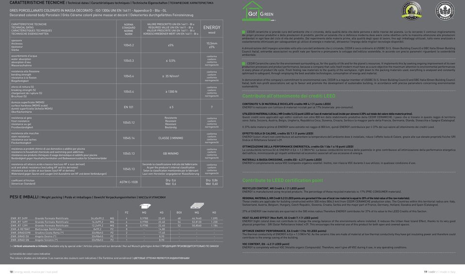 G REEN CARATTERISTICHE TECNICHE TECHNICAL DATAS CARACTÉRISTIQUES TECHNIQUES TECHNISCHE EIGENSCHAFTEN spessore thickness épaisseur Stärke assorbimento d acqua water absorption absorption d eau