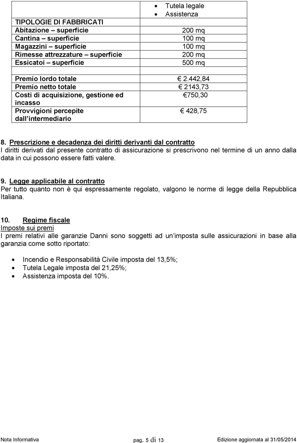 Prescrizione e decadenza dei diritti derivanti dal contratto I diritti derivati dal presente contratto di assicurazione si prescrivono nel termine di un anno dalla data in cui possono essere fatti