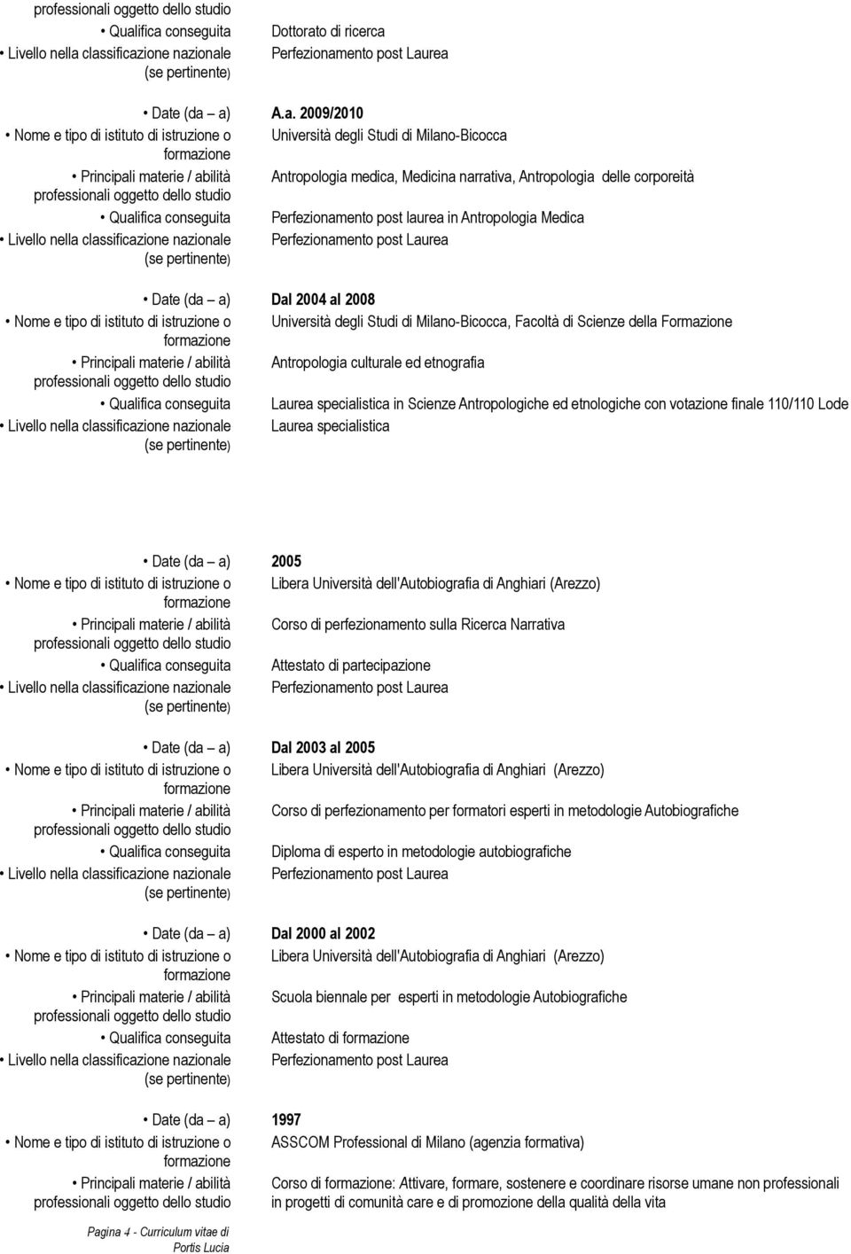 nella classificazione nazionale Perfezionamento post Laurea Dal 2004 al 2008 Nome e tipo di istituto di istruzione o Università degli Studi di Milano-Bicocca, Facoltà di Scienze della Formazione