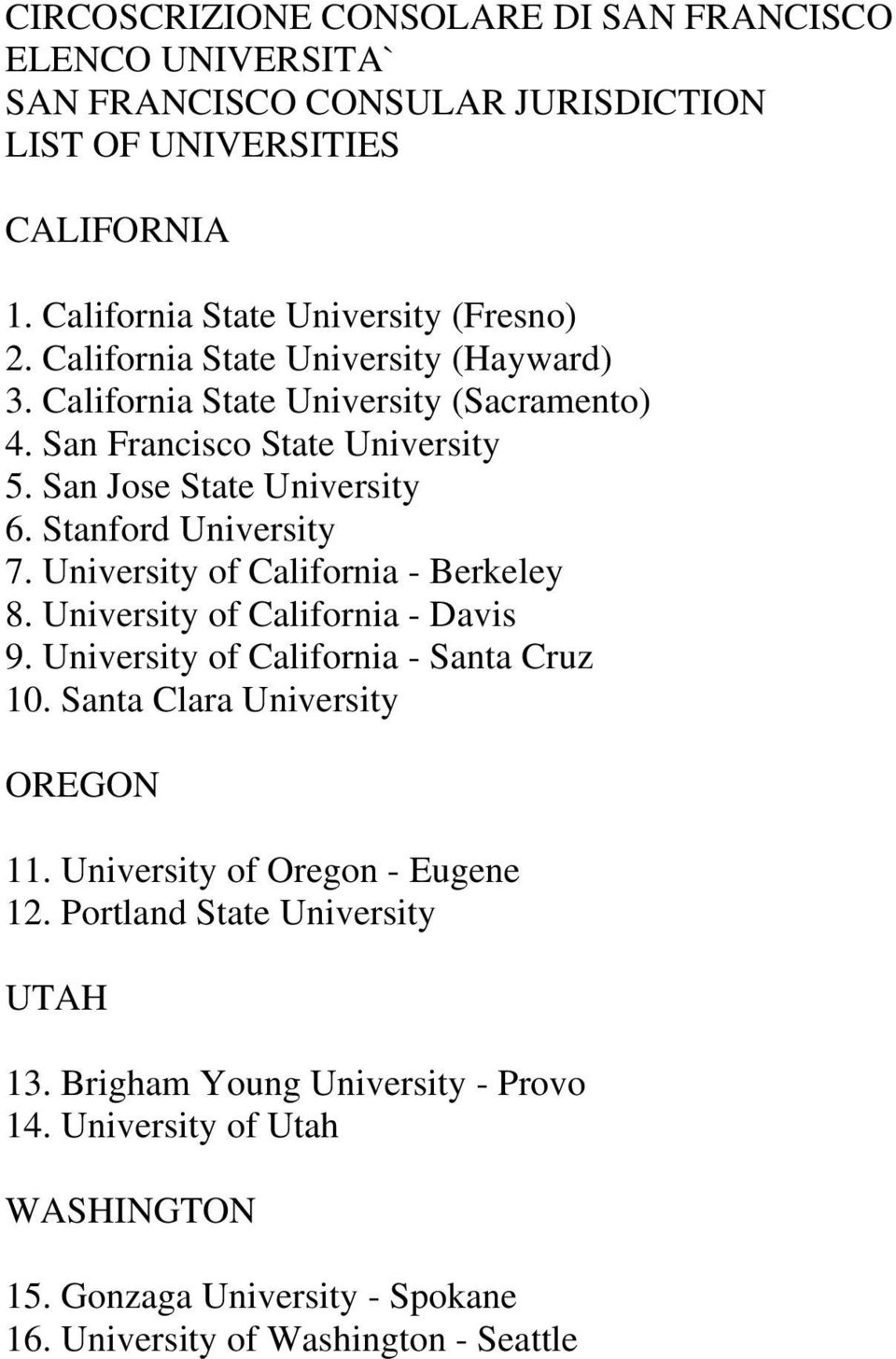 University of California - Berkeley 8. University of California - Davis 9. University of California - Santa Cruz 10. Santa Clara University OREGON 11.