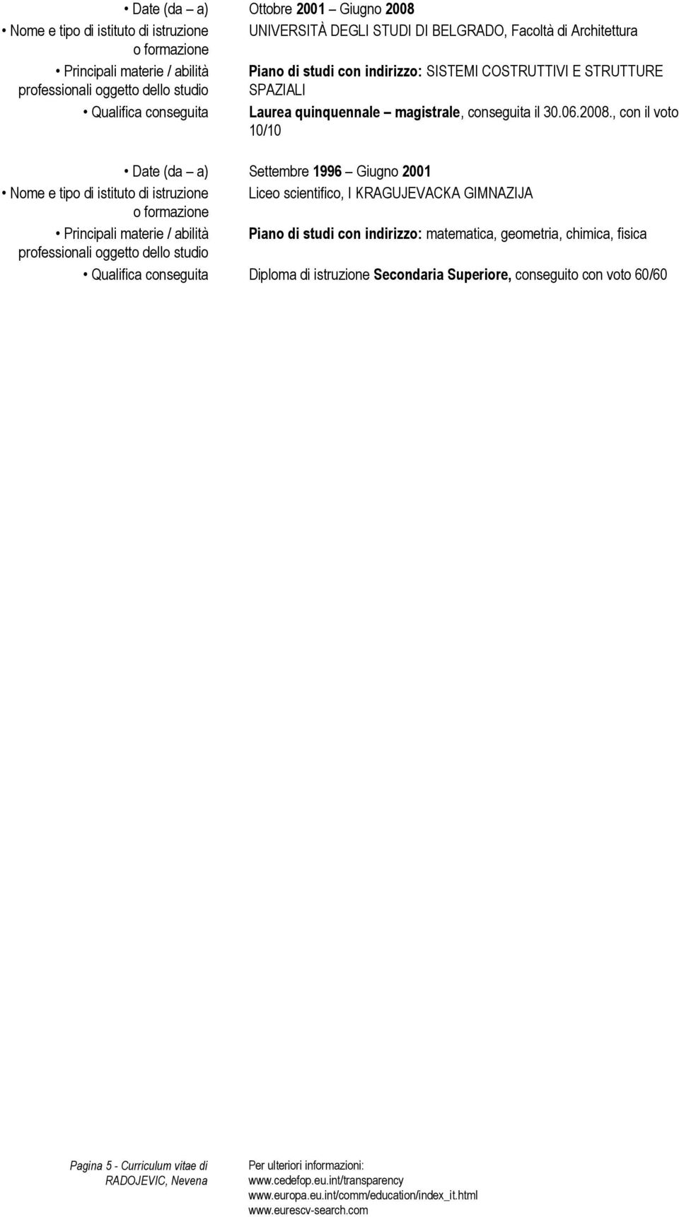 , con il voto 10/10 Date (da a) Settembre 1996 Giugno 2001 Nome e tipo di istituto di istruzione Liceo scientifico, I KRAGUJEVACKA GIMNAZIJA o formazione Principali materie / abilità Piano di