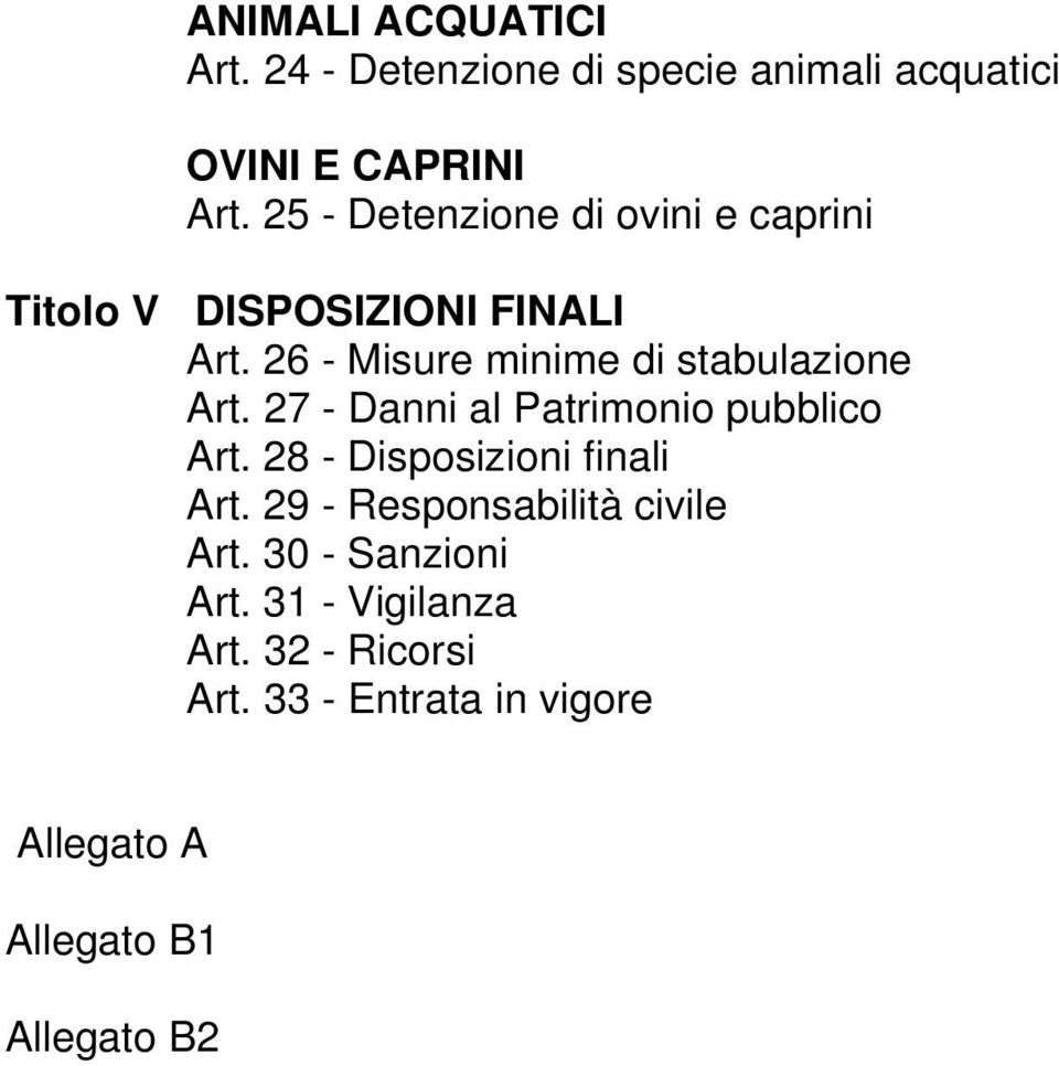 26 - Misure minime di stabulazione Art. 27 - Danni al Patrimonio pubblico Art.