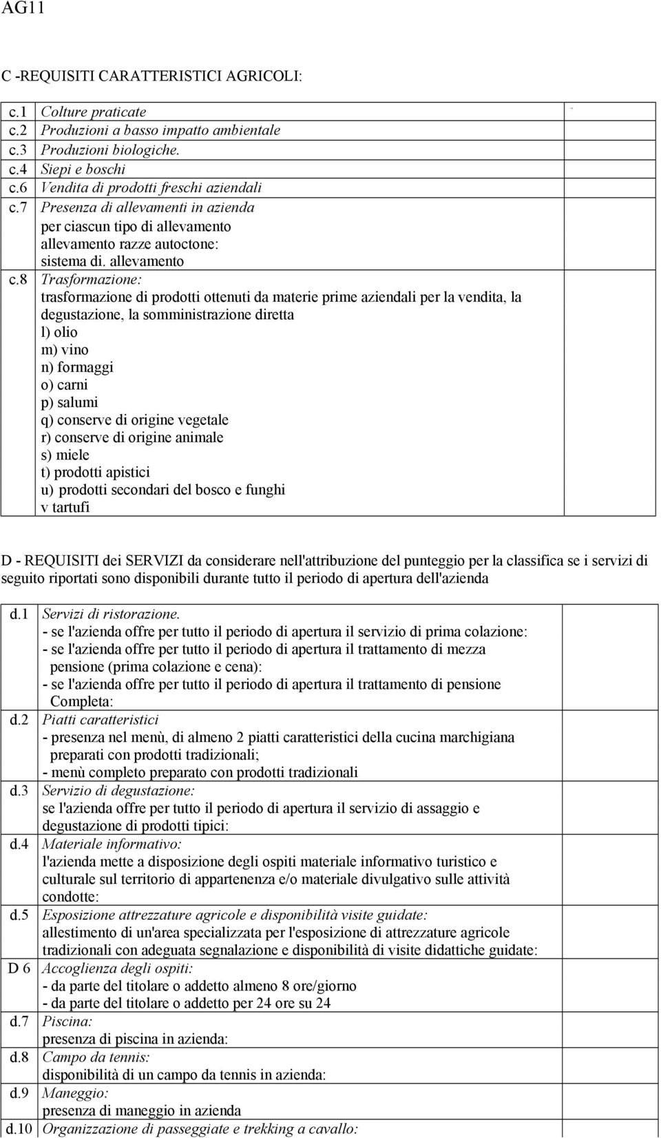 8 Trasformazione: trasformazione di prodotti ottenuti da materie prime aziendali per la vendita, la degustazione, la somministrazione diretta l) olio m) vino n) formaggi o) carni p) salumi q)