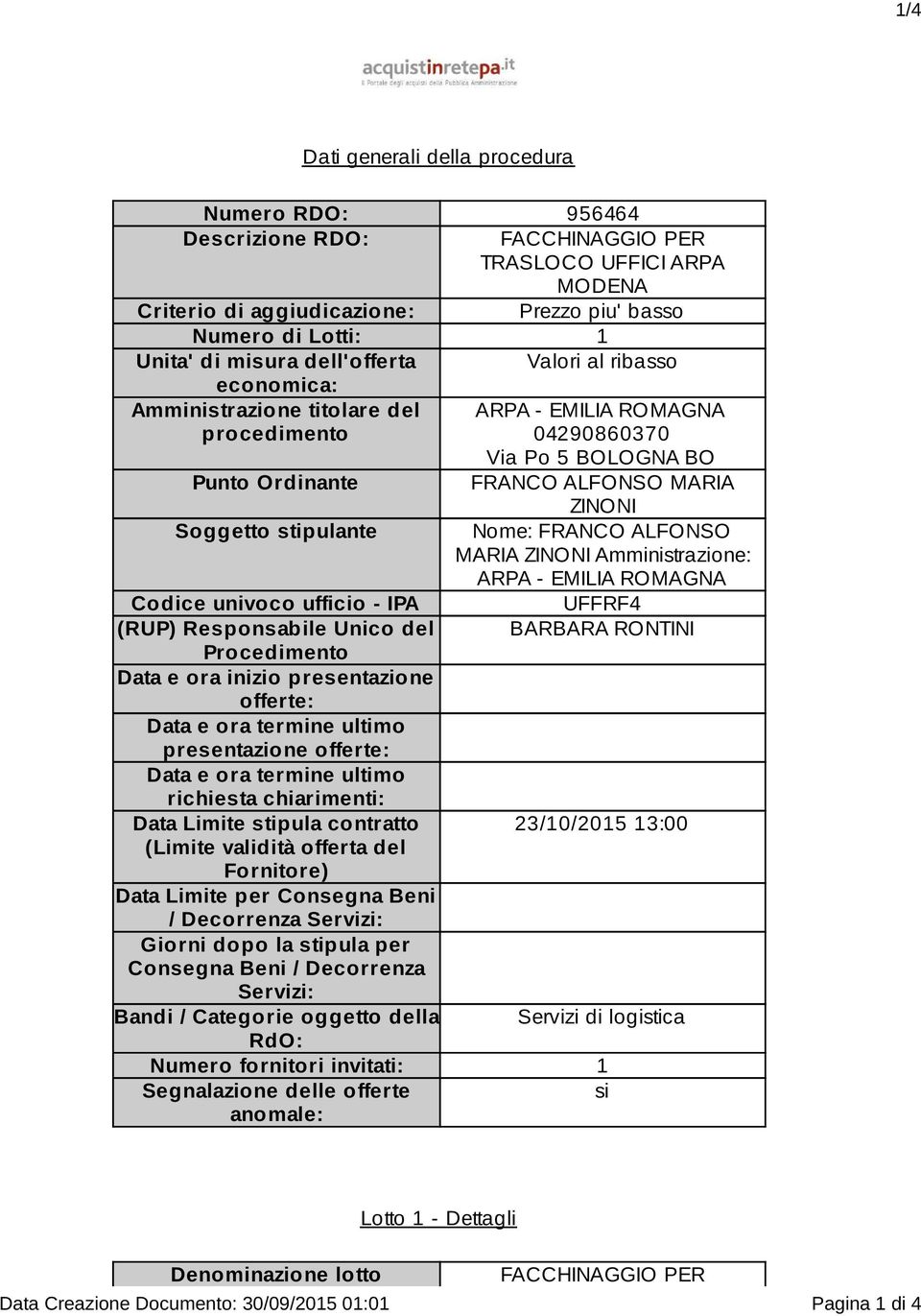 stipulante Nome: FRANCO ALFONSO MARIA ZINONI Amministrazione: ARPA - EMILIA ROMAGNA Codice univoco ufficio - IPA UFFRF4 (RUP) Responsabile Unico del BARBARA RONTINI Procedimento Data e ora inizio