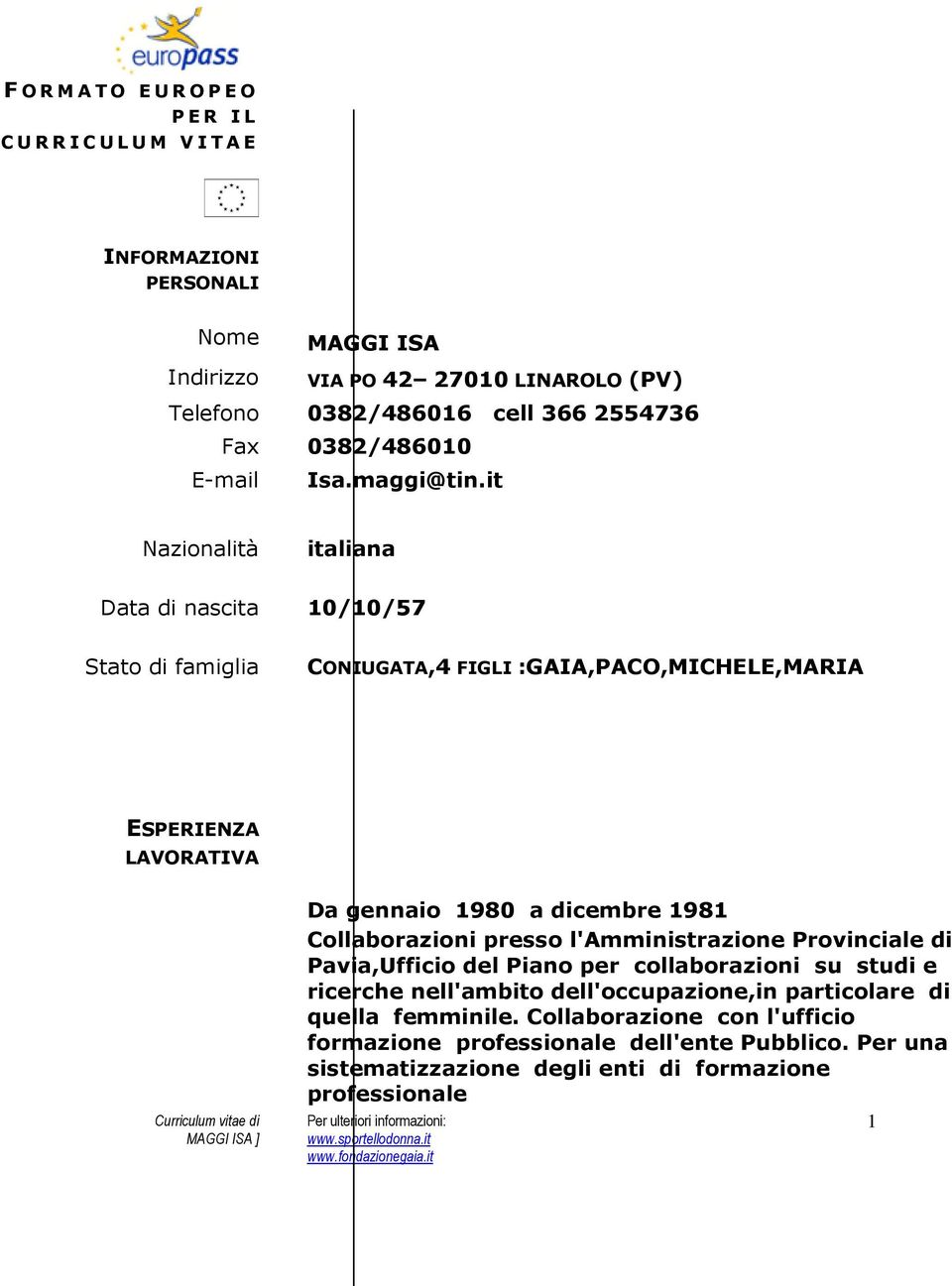 it Nazionalità italiana Data di nascita 10/10/57 Stato di famiglia CONIUGATA,4 FIGLI :GAIA,PACO,MICHELE,MARIA ESPERIENZA LAVORATIVA Da gennaio 1980 a dicembre 1981