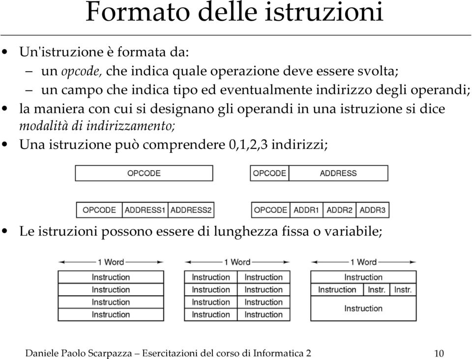 una istruzione si dice modalità di indirizzamento; Una istruzione può comprendere 0,1,2,3 indirizzi; Le istruzioni