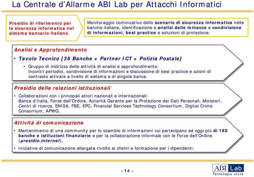 Analisi e Approfondimento Tavolo Tecnico [36 Banche + Partner ICT + Polizia Postale] Gruppo di di indirizzo delle delle attività di di analisi e approfondimento: incontri periodici, condivisione di