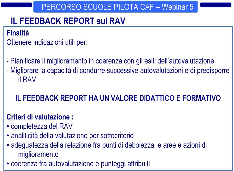 VALORE DIDATTICO E FORMATIVO Criteri di valutazione : completezza del RAV analiticità della valutazione per sottocriterio