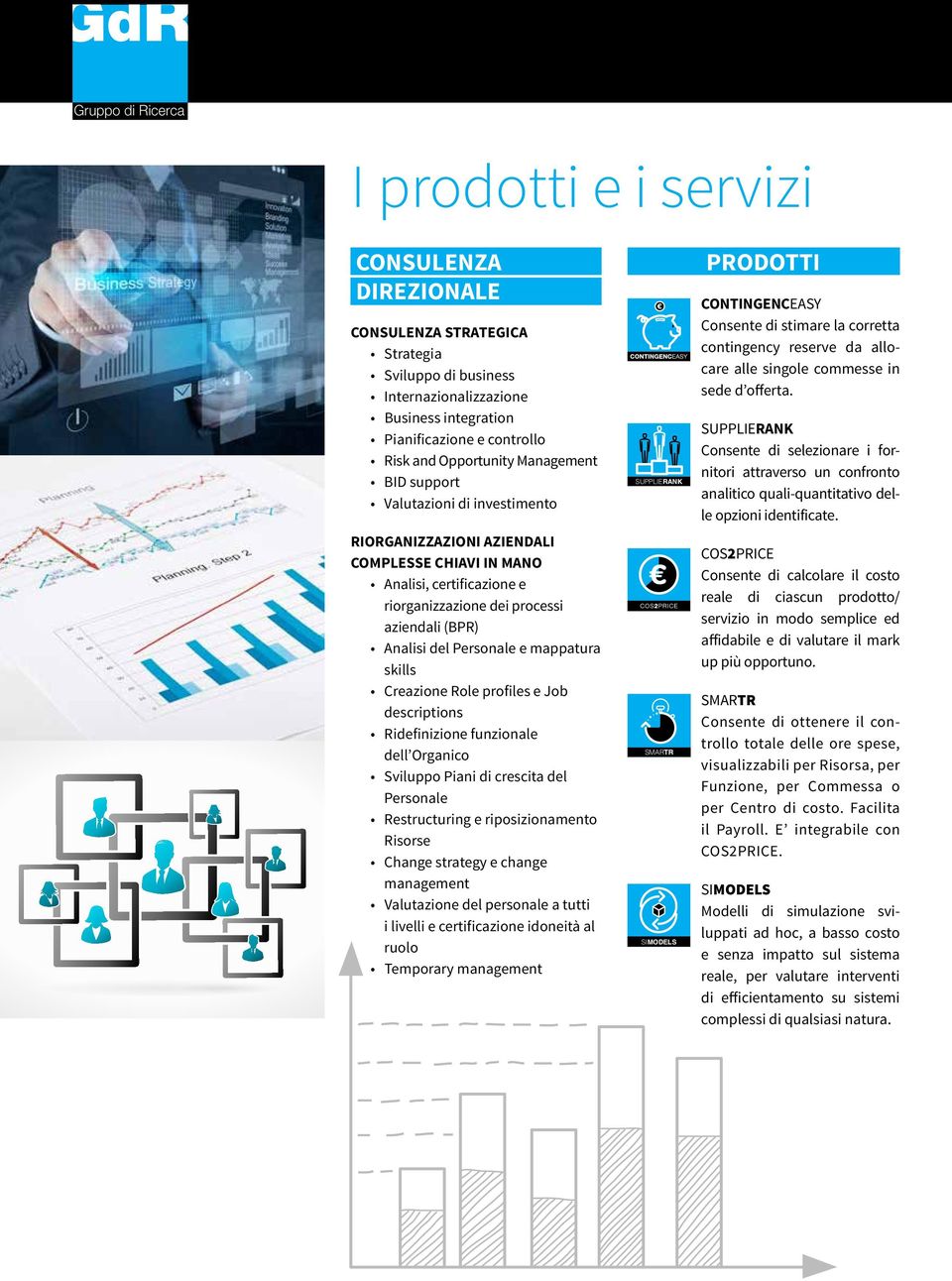 mappatura skills Creazione Role profiles e Job descriptions Ridefinizione funzionale dell Organico Sviluppo Piani di crescita del Personale Restructuring e riposizionamento Risorse Change strategy e