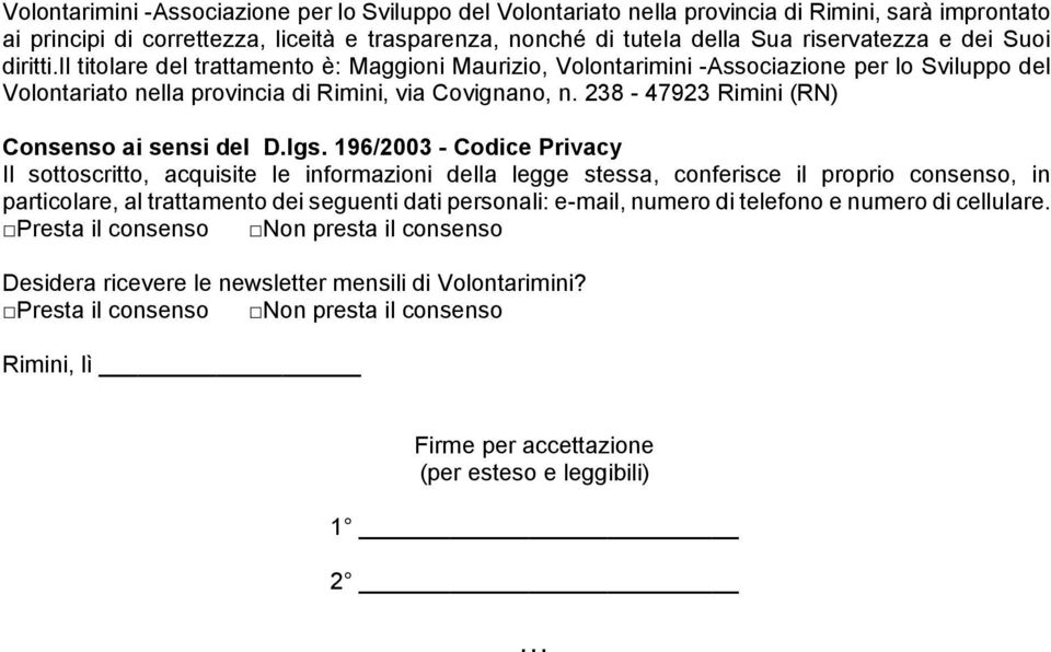 238-47923 Rimini (RN) Consenso ai sensi del D.lgs.