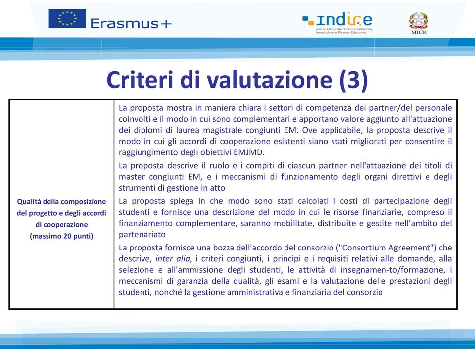 Ove applicabile, la proposta descrive il modo in cui gli accordi di cooperazione esistenti siano stati migliorati per consentire il raggiungimento degli obiettivi EMJMD.