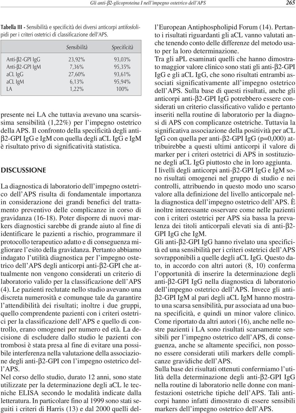 Il confronto della specificità degli antiβ2-gpi IgG e IgM con quella degli acl IgG e IgM è risultato privo di significatività statistica.