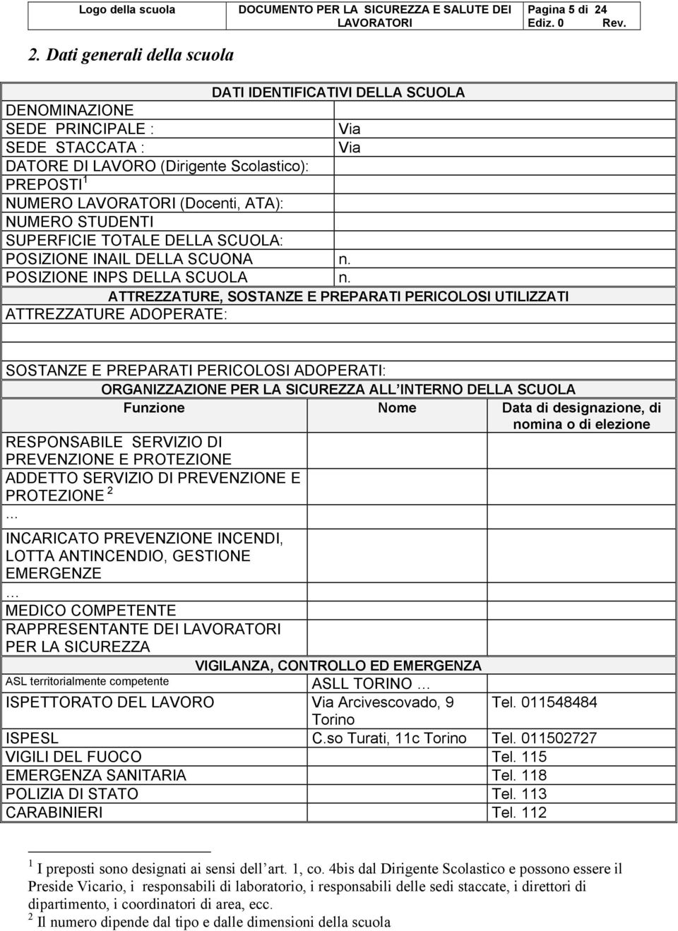 ATTREZZATURE, SOSTANZE E PREPARATI PERICOLOSI UTILIZZATI ATTREZZATURE ADOPERATE: SOSTANZE E PREPARATI PERICOLOSI ADOPERATI: ORGANIZZAZIONE PER LA SICUREZZA ALL INTERNO DELLA SCUOLA Funzione Nome Data