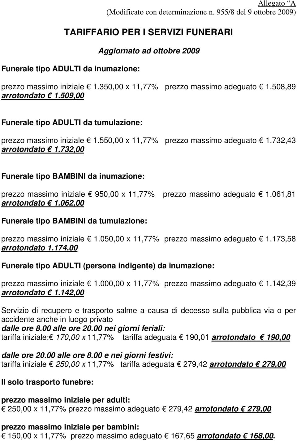 732,00 Funerale tipo BAMBINI da inumazione: prezzo massimo iniziale 950,00 x 11,77% prezzo massimo adeguato 1.061,81 arrotondato 1.